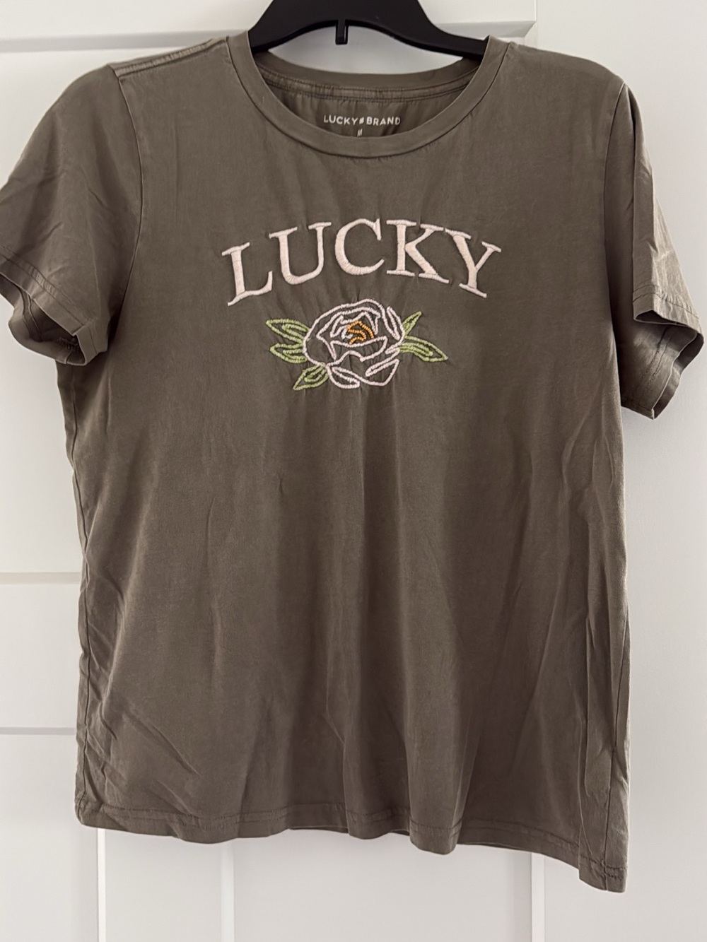 Lucky Brand Olive Green Tee with Pink Embroidered 'LUCKY'